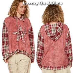 POL Hoodie Waffle Knit Star Patchwork Plaid Pullover Top Oversized Boho Shirt